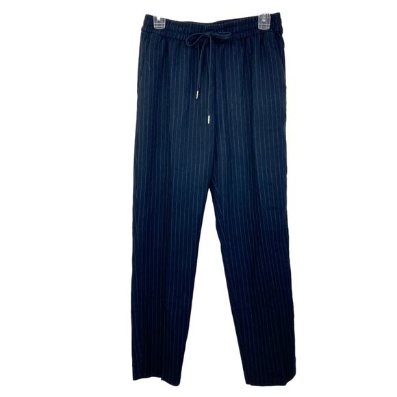 H&M pinstripe drawstring waist pants ladies 8 dark blue tapered trousers - Picture 8 of 8